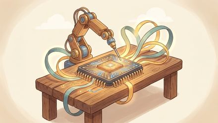 A small robotic arm probing a chip, teal-and-yellow Python ribbons around it