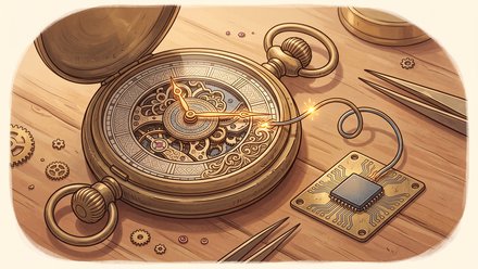 An antique pocket watch on a workbench with a spark of light racing along a wire from a silicon chip