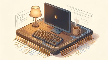 A cozy desk resting on a microchip, monitor with a blinking cursor